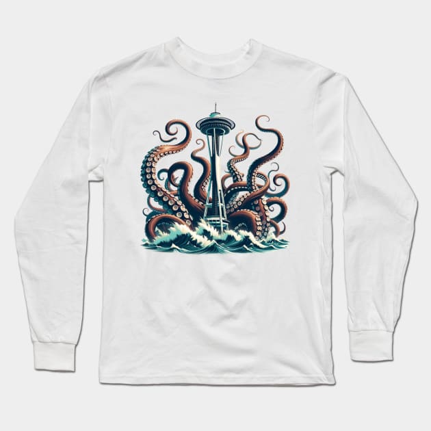 Kraken Attacking the Space Needle | Seattle Kraken Long Sleeve T-Shirt by blueduckstuff